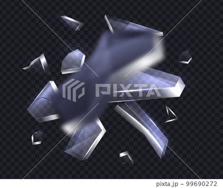 Scattered glass shatters. Realistic explosion flying sharp particles. 3D crack shattering car windshield shatters realistic 99690272
