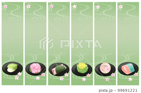 春の和菓子・縦長バナー6種 背景 抹茶色 差分あり 99691221