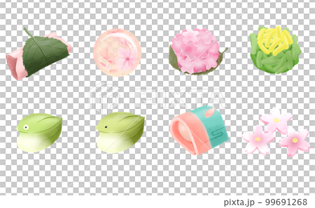 Sakuramochi / Assortment of 8 types of spring Japanese sweets -Transparent background / White background- With differences 99691268