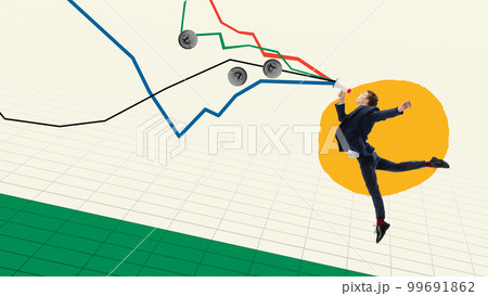 Conceptual design. Contemporary art collage. Young man, financial analytics, office worker shouting in megaphone. Bitcoin financial graph 99691862