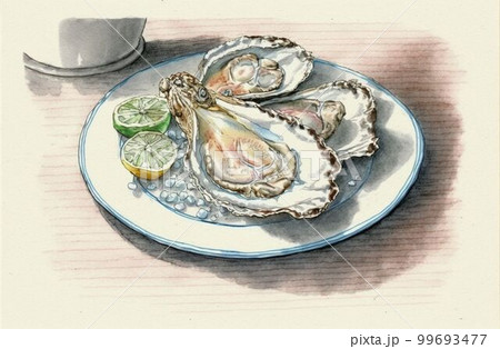 皿に盛り付けた生牡蠣：色鉛筆画タッチ