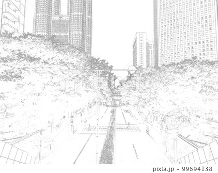 西新宿の道路風景。イラスト風の写真。モノクロ。 99694138