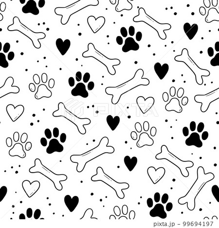Pet footprint seamless pattern. Pet animal dog, cat footprint background with heart, bone element. Puppy, kitten texture doodle drawn wallpaper. Vector 99694197