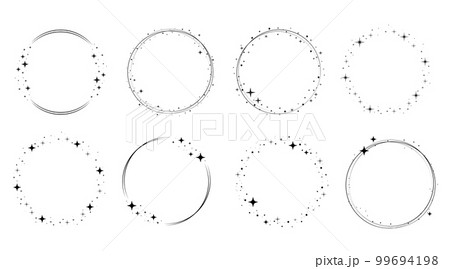 Circle star border frame set. Sparkle circle frame. Wreath round stardust border for party, birthday decor design. Laurel frame with cosmic glitter shine Circle star border frame set. Sparkle circle frame. Wreath round stardust border for party, birthday decor design. Laurel frame with cosmic glitter shine 99694198