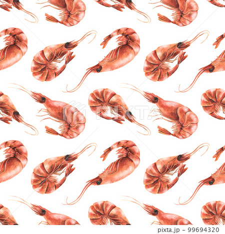 Boiled shrimp unpeeled different. Watercolor illustration. Seamless pattern on a white background from the SHRIMP collection. For the design and design of menus, recipes, packaging, shops, cafes 99694320