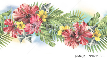 Tropical palm leaves with red hibiscus flowers and seashells. Watercolor illustration. Seamless border from the CUBA collection. For the design and design of invitations, postcards, stickers, websites Tropical palm leaves with red hibiscus flowers and seashells. Watercolor illustration. Seamless border from the CUBA collection. For the design and design of invitations, postcards, stickers, websites 99694328