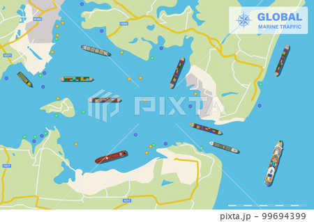 Global marine traffic. Top view of cargo ships navigation live map. Industrial shipping plan. World logistic of sea transportation 99694399