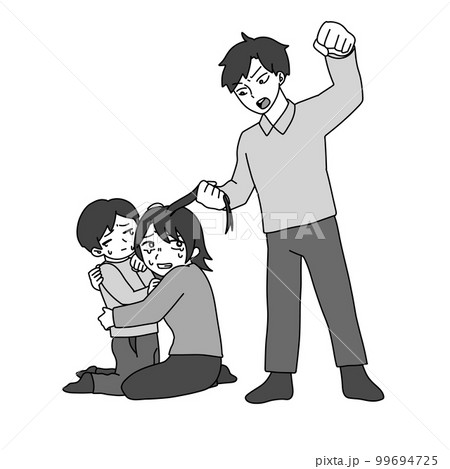 父親に暴力を振るわれる母親と泣く子供（白黒） 99694725