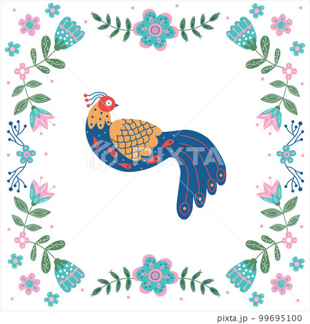 Vector frame with bird, flowers and leaves with different folk compositions. Motif in scandinavan style. Ethnic flat illustration with nordic detailed in trendy colors Vector frame with bird, flowers and leaves with different folk compositions. Motif in scandinavan style. Ethnic flat illustration with nordic detailed in trendy colors 99695100