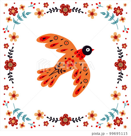 Vector frame with bird, flowers and leaves with different folk compositions. Motif in scandinavan style. Ethnic flat illustration with nordic detailed in trendy colors 99695115