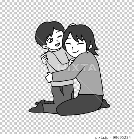 一個女人和一個男孩微笑著互相擁抱（黑白） 99695224