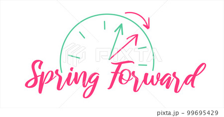 Daylight Saving Time Begins banner. Spring Forward. Reminder guide 99695429