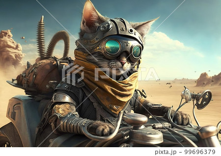 Cat rider on motorcycle, animal biker riding fast on deserted road, generative AI Cat rider on motorcycle, animal biker riding fast on deserted road, generative AI 99696379