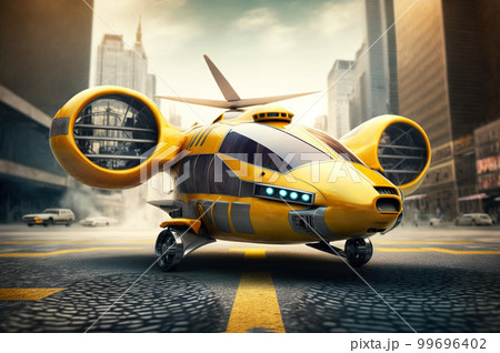 Air taxi car in city, futuristic yellow cab on urban parking, generative AI Air taxi car in city, futuristic yellow cab on urban parking, generative AI 99696402
