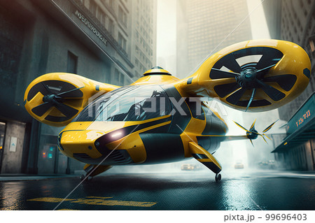 Air taxi car in city, futuristic yellow cab on urban parking, generative AI Air taxi car in city, futuristic yellow cab on urban parking, generative AI 99696403