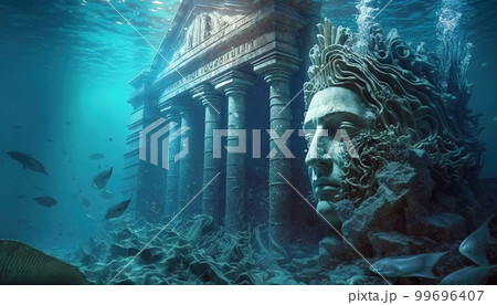 Ancient city ruins on seabed, old statue in sea underwater, generative AI 99696407