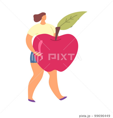 Cartoon Color Character Girl Holding Apple Food and Diet Vegan Healthy Concept Flat Design Style. Vector illustration Cartoon Color Character Girl Holding Apple Food and Diet Vegan Healthy Concept Flat Design Style. Vector illustration 99696449