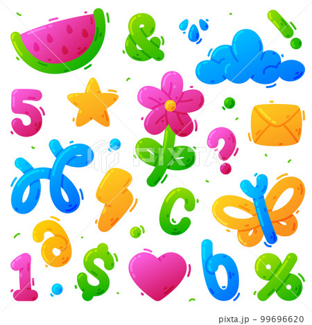 Cute Balloon Shaped and Twisted Figure and Abc Letters as Childish Modelling Vector Set 99696620