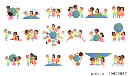 Happy multiracial kids standing together on Earth planet holding hands. Unity of children from around the world. Earth day cartoon vector illustration 99696627