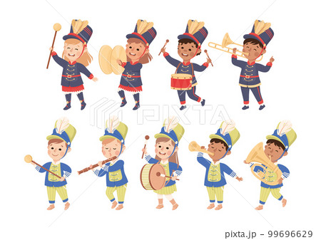 Set of kids playing different musical instruments in marching band parade cartoon vector illustration Set of kids playing different musical instruments in marching band parade cartoon vector illustration 99696629