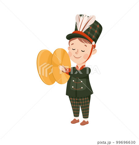 Cute boy in black traditional costume playing cymbals in marching band parade cartoon vector illustration Cute boy in black traditional costume playing cymbals in marching band parade cartoon vector illustration 99696630
