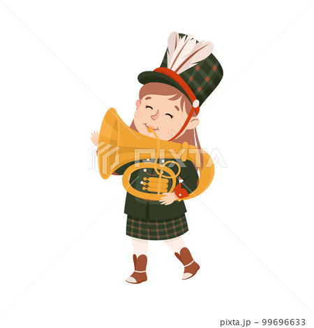 Cute girl in black traditional costume playing tuba musical instrument in marching band parade cartoon vector illustration 99696633