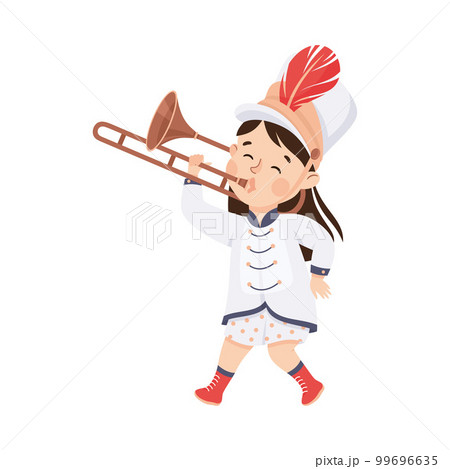 Cute girl in white traditional costume playing trumpet musical instrument in marching band parade cartoon vector illustration 99696635