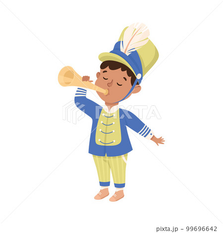 Cute boy in traditional costume playing trumpet musical instrument in marching band parade cartoon vector illustration 99696642
