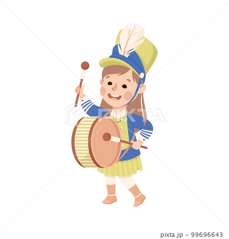 Cute girl in traditional costume playing drum musical instrument in marching band parade cartoon vector illustration 99696643