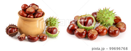 chestnut in a wooden bowl isolated on white background closeup 99696768