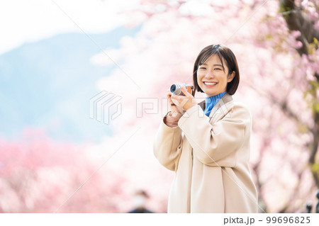 女性、カメラ、旅行、桜、観光、河津桜、カメラ女子、デジカメ、観光地、旅、観光スポット、女子旅、一人旅 99696825