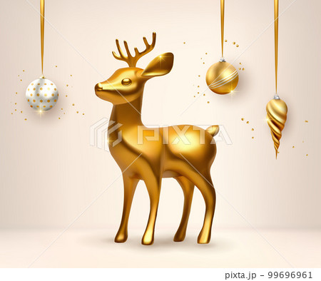 3d golden deer Christmas decoration, realistic vector. Isolated reindeer with Xmas balls 3d golden deer Christmas decoration, realistic vector. Isolated reindeer with Xmas balls 99696961