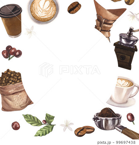 Watercolor frame of coffee elements collection. Hand-drawn illustration isolated on white background. Perfect concept for cafe, for cooking, restaurant banner, menu, flyer, brochure template. 99697438