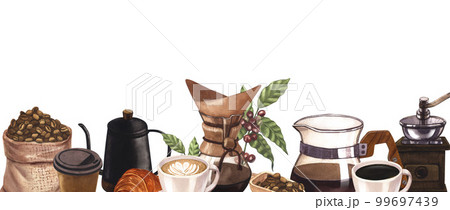 Watercolor frame banner of coffee elements collection. Hand-drawn illustration isolated on white background. Perfect concept for cafe, for cooking, restaurant banner, menu, flyer, brochure template. 99697439