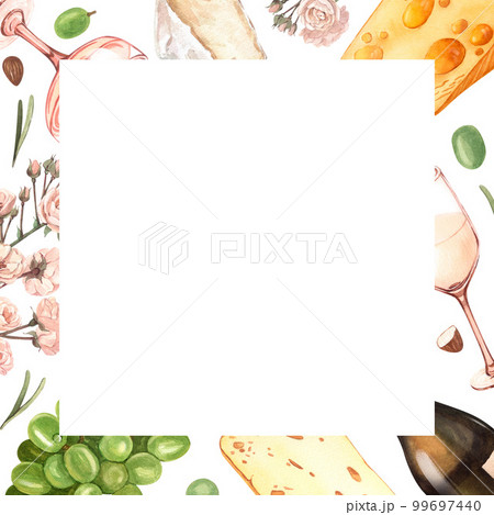 Watercolor wine and cheese template frame. Hand draw background with food objects. White wine bottle and glass, green grapes, cheese. Concept for wine list, label, banner, menu, flyer, brochure 99697440
