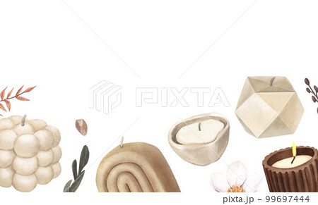 Watercolor frame of modern scented candles of soy and coconut wax, essential oils, craft trendy candles. Hand-drawn illustration isolated on white background for aromatherapy, hygge home, meditation 99697444