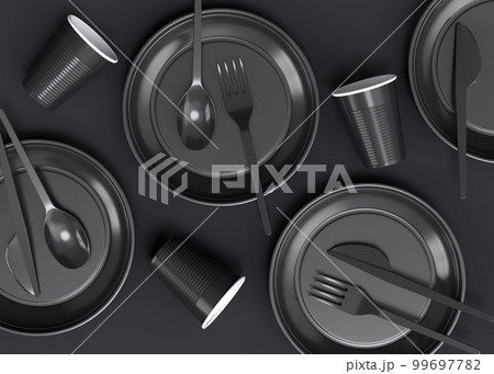 Set of disposable utensils like plate, folk, spoon and cup on monochrome black Set of disposable utensils like plate, folk, spoon and cup on monochrome black 99697782