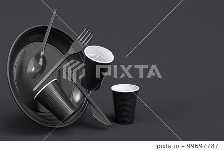 Set of disposable utensils like plate, folk, spoon and knife on monochrome black Set of disposable utensils like plate, folk, spoon and knife on monochrome black 99697787