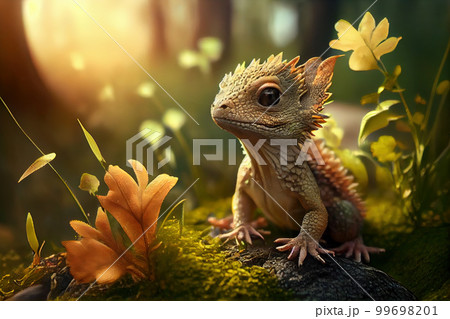 Cute baby dragon in forest 99698201