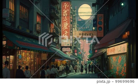夜の商店街：ちょっと幻想的な町並み