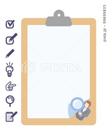 クリップボードに挟んだ紙の影から顔を出すスーツ姿の女性 99699835