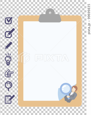 クリップボードに挟んだ紙の影から顔を出すスーツ姿の女性 99699835