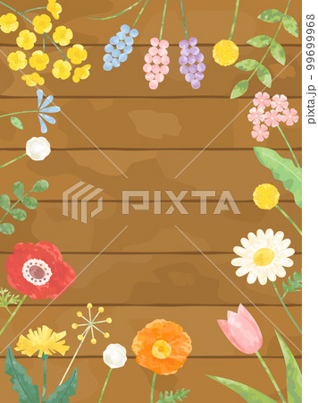 菜の花やチューリップなどの春の花と木のボードを組み合わせたイラスト　縦書きバージョン 99699968