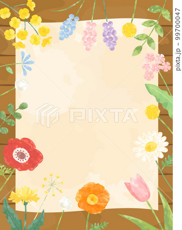 菜の花やチューリップなどの春の花と木のボードとペーパーをを組み合わせたイラスト　縦書きバージョン 99700047