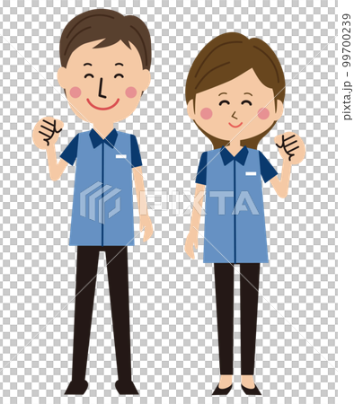 Convenience store clerk male and female fist pump 99700239