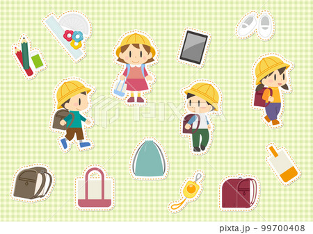小学生男女と学校で使う道具のイラストセット 刺繍ワッペン風 小学生男女と学校で使う道具のイラストセット 刺繍ワッペン風 99700408
