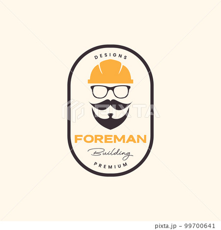 old guy face foreman building mustache bearded helmet badge vintage logo design vector icon illustration 99700641