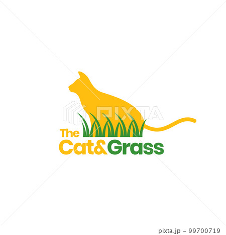 orange cat pets with grass playing colorful logo design vector icon illustration 99700719