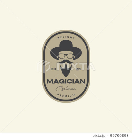 cool old man bearded mustache magician hat vintage badge logo design vector icon illustration 99700893