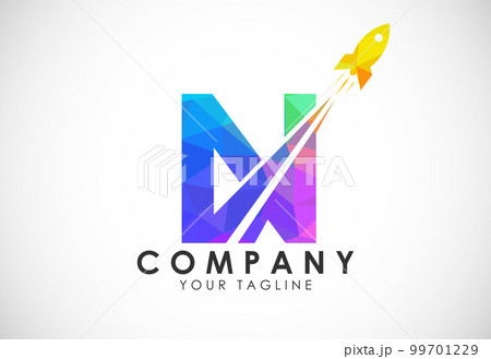 Polygonal alphabet N with a Rocket logo design. Rocket icon. Low poly graphic alphabet symbol 99701229